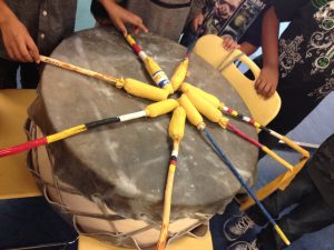 Traditional drum and sticks created by the students. Photo Jennifer Jessum.
